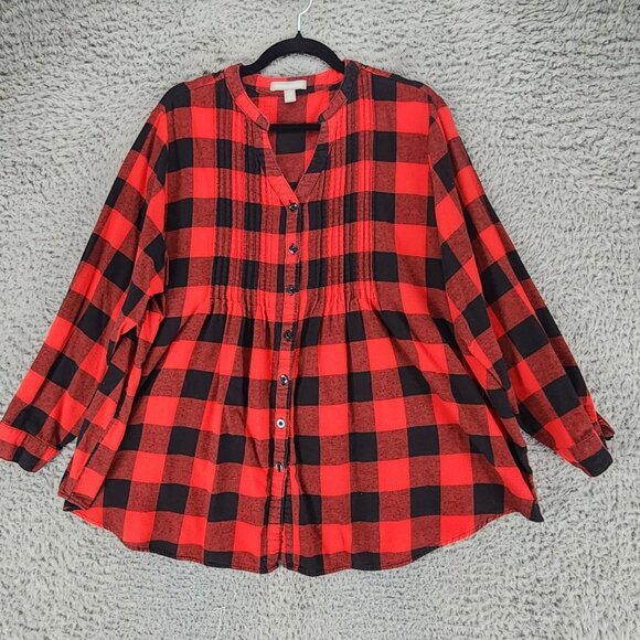 Woman Within Top Womens 1X Red Plaid Long Sleeve Button Up Blouse *GUC* - Picture 1 of 9